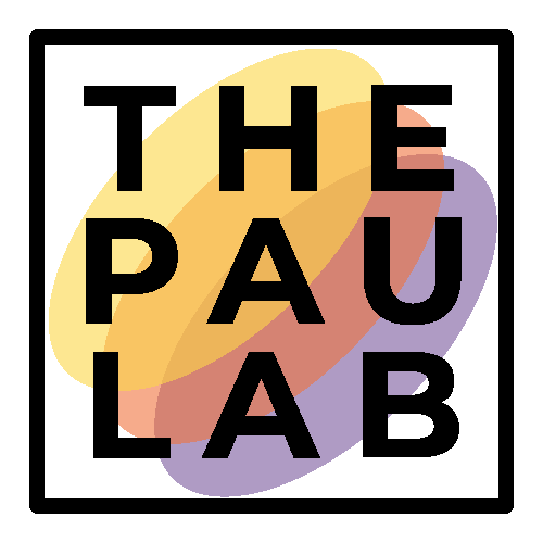 A black box with the words The Pau Lab in bold black letters over overlapping, transparent colored ovals in yellow, pink, and purple